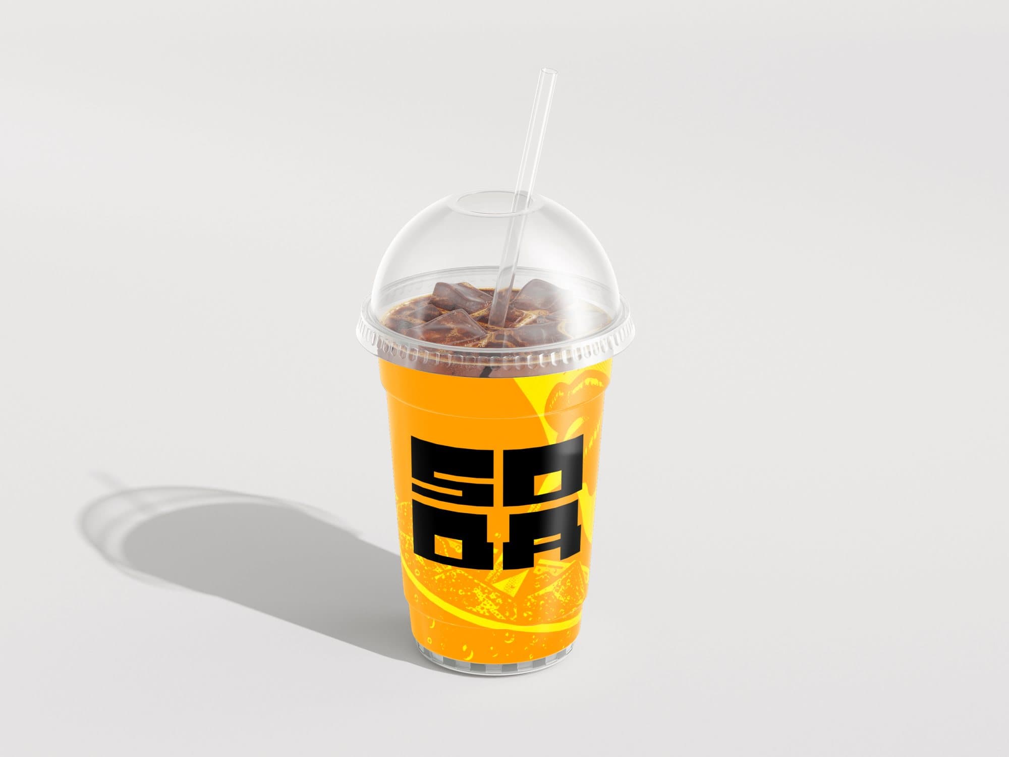 Takeaway soda cup with a domed lid and straw, printed with SODA split over two lines in black Riteblock on orange.